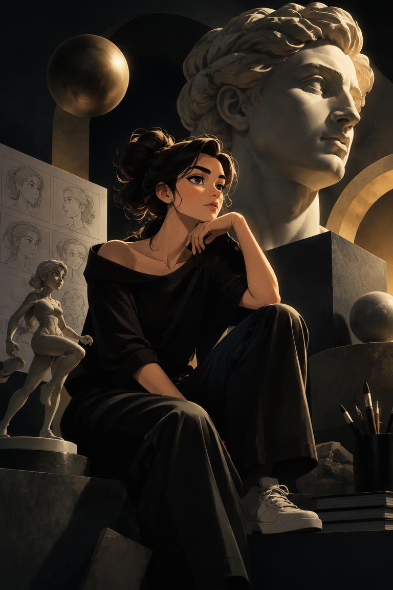 Stylized character surrounded by sculptural forms