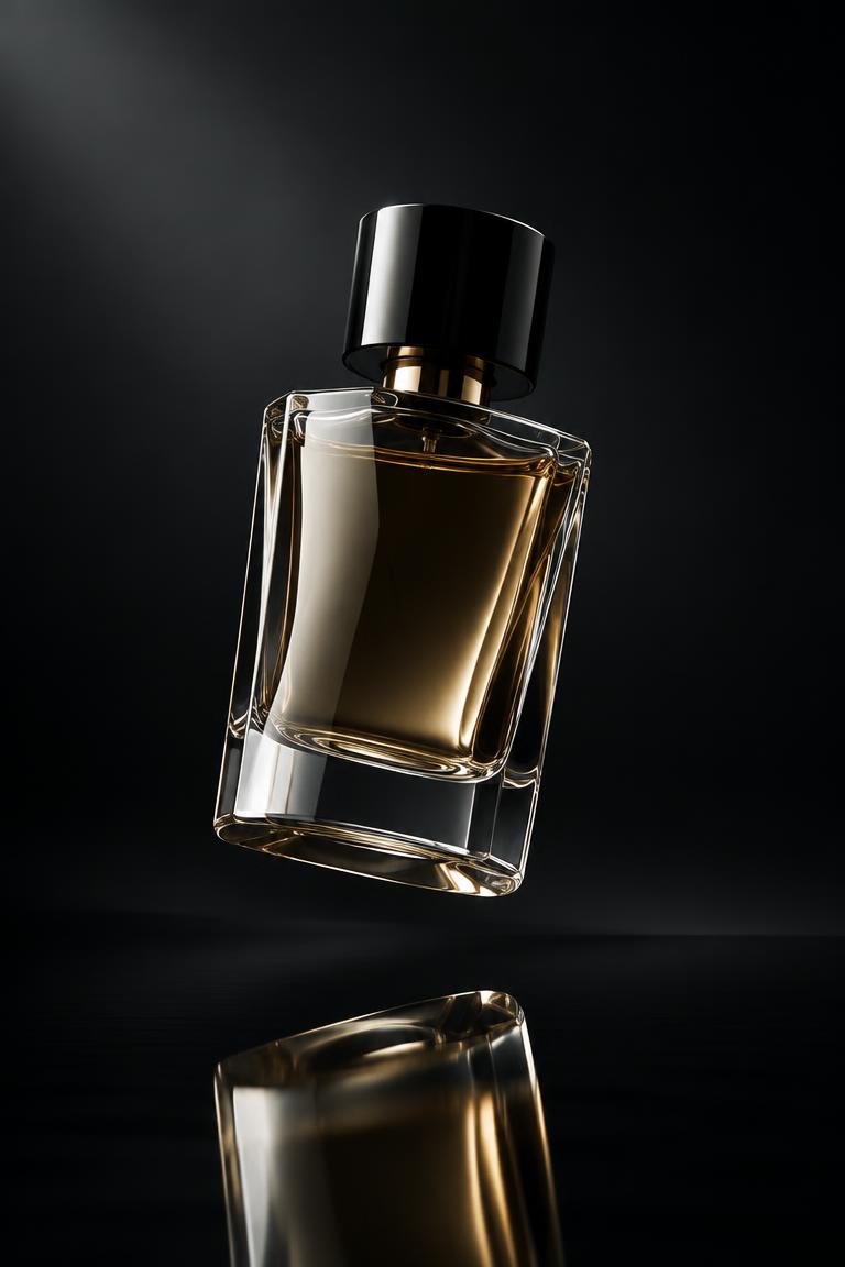 Photoreal glass product floating in a dark studio
