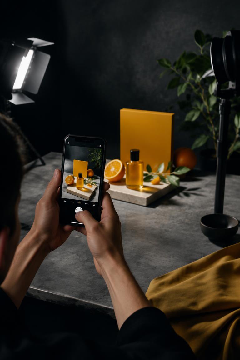 Creator filming a styled product with a smartphone
